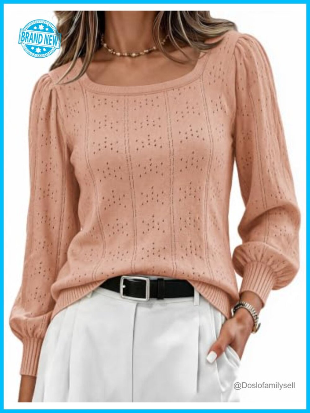 HOTOUCH Women's Puff Sleeve Square Neck Knit Sweater Pullover